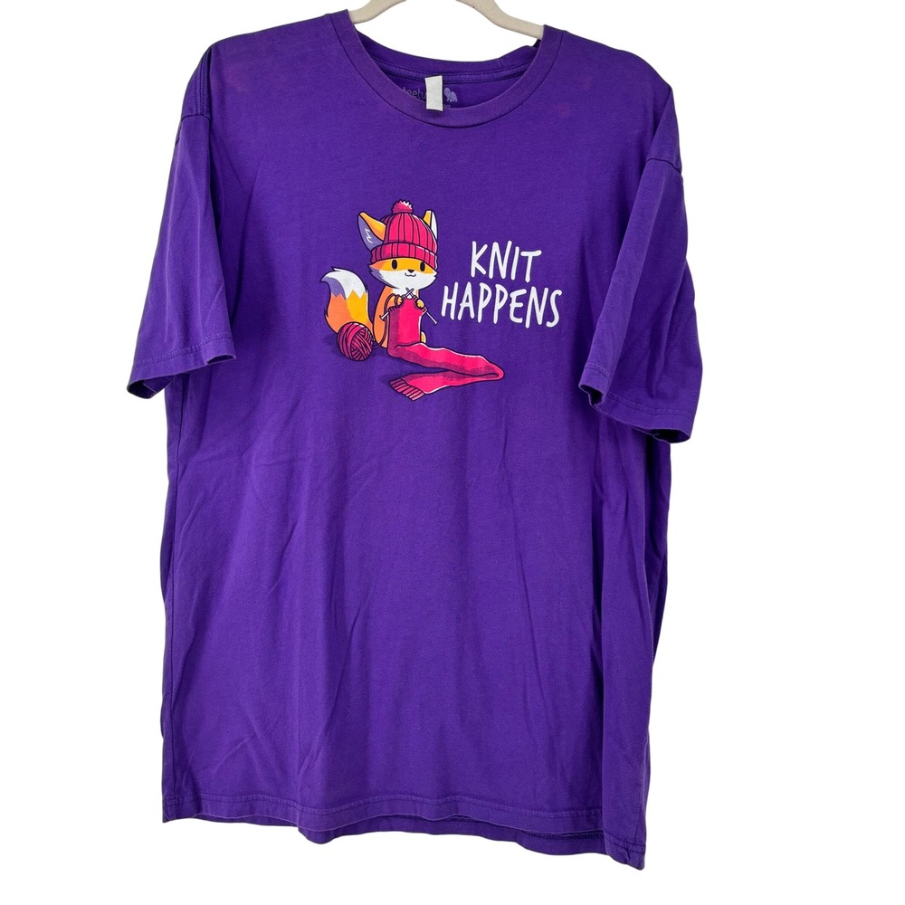 TeeTurtle "Knit Happens" Fox Purple Graphic T-Shirt Women L Short Sleeve Pun Tee